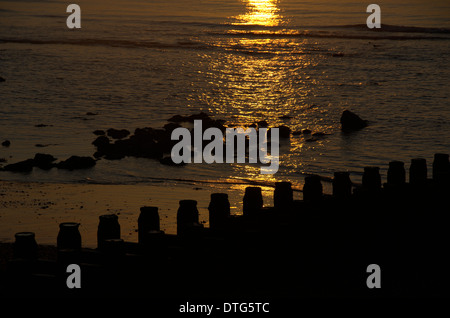 La mattina presto, Eastbourne in Sussex England come il sole sorge sul mare e deserto, spiaggia Foto Stock