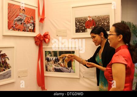 Porto di Spagna, Trinidad e Tobago. 17 feb 2014. Gli insegnanti dell'Istituto Confucio introduce le foto in una mostra di 'bello Cina" nel porto di Spagna, Trinidad e Tobago, Feb, 17, 2014. Il ministero della Cultura della Repubblica popolare cinese e di Confucio Institute of Trinidad e Tobago lunedì ha aperto la mostra fotografica di 'bello Cina", che mira a introdurre gli sviluppi in Cina negli ultimi anni e nel rafforzare le relazioni tra i due paesi. © Gao Xing/Xinhua/Alamy Live News Foto Stock