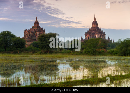 Vista della THA Beik Hmauk Gu Hpaya e templi Sulamani sulle pianure di Bagan in Myanmar (Birmania) Foto Stock