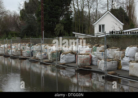 Dachet, Thames Valley, Regno Unito . 17 feb 2014. Un muro di sacchi di sabbia case di protezione al di fuori del villaggio Credito: Zute Lightfoot/Alamy Live News Foto Stock