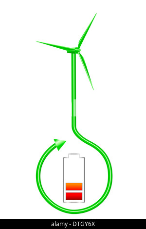 Ricarica della batteria con il simbolo di una turbina eolica, immagine simbolica per lo stoccaggio di energia eolica, energia verde Foto Stock