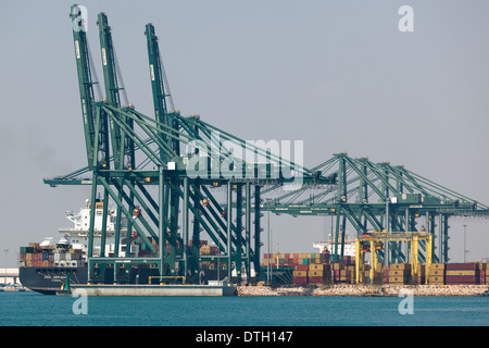 Contenitore in arrivo della nave Porto di Valencia Spagna Foto Stock