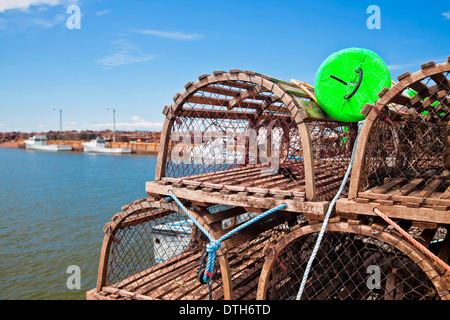 Trappole di aragosta impilati sul pontile a West Point, Princ Edward Island, Canada Foto Stock