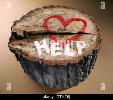 Contribuire a proteggere la natura, fermare la deforestazione. Cuore rosso e la parola 'help' dipinta su un tronco di albero. Foto Stock