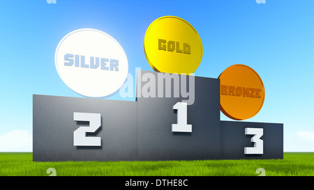 Vittoria rostro sull'erba verde con un dorato, argento e medaglie di bronzo sulla parte superiore. Foto Stock