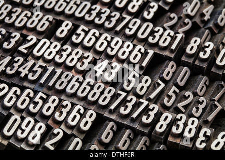 Numeri casuali in vendemmia, grunge, metallo polverosi tipografia blocchi Foto Stock