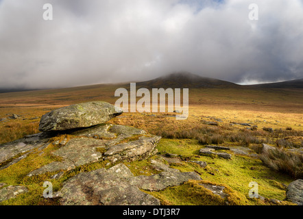 Guardando fuori verso Tor ruvida noto anche come Roughtor su Bodmin Moor in Cornovaglia Foto Stock