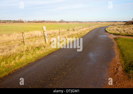 Avvolgimento stretto paese su strada asfaltata che conduce nella distanza a Shingle Street, Hollesley, Suffolk, Inghilterra Foto Stock