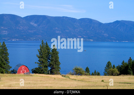 Granaio rosso e campi coltivati lungo il lago Flathead, Montana, USA. Foto Stock
