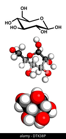 Glucosio (beta-D-glucosio, zucchero d'uva, destrosio) molecola. Foto Stock