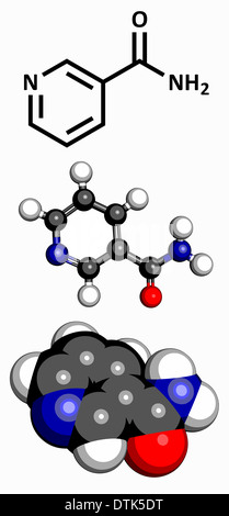 Vitamina B3 (niacinammide, ammide di acido nicotinico molecola). Tre rappresentazioni 2D: formula scheletrico, 3D ball-e-stick modello, .. Foto Stock