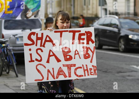 Dublino, Irlanda. Il 19 febbraio 2014. Una femmina di manifestanti tiene un cartello che recita "hatter è un baby snatcher'. Alan frantumare è il ministro irlandese per la giustizia. Una protesta a Dublino ha chiesto le dimissioni del ministro della Giustizia Alan frantumare e Commissario Martin Callinan dopo la presunta bullismo del Garda (polizia irlandese) whistle blowers Maurice McCabe e John Wilson e altri presunta corruzione nell'Gardai. Credito: Michael Debets/Alamy Live News Foto Stock