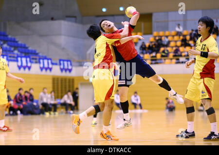 Saitama City Memorial palestra, Saitama in Giappone. 19 feb 2014. (L a R) Kubo Ryuutaro (Daido), Hozuki Higashinagahama (Osol), 19 febbraio 2014 - Pallamano : Giappone pallamano League 2013-2014 tra OSAKI OSOL 30-35 Daido Phenix a Saitama City Memorial palestra, Saitama in Giappone. Credito: AFLO SPORT/Alamy Live News Foto Stock