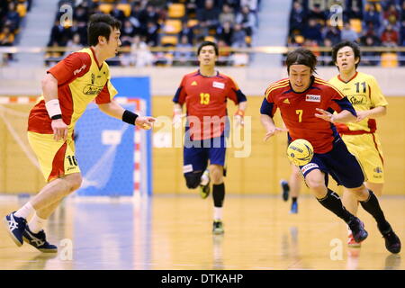 Saitama City Memorial palestra, Saitama in Giappone. 19 feb 2014. (L a R) Hidenori Kishigawa (Daido), Daisuke Miyazaki (Osol), 19 febbraio 2014 - Pallamano : Giappone pallamano League 2013-2014 tra OSAKI OSOL 30-35 Daido Phenix a Saitama City Memorial palestra, Saitama in Giappone. Credito: AFLO SPORT/Alamy Live News Foto Stock