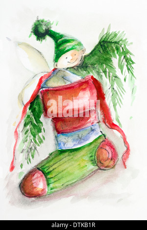 Natale bambino elf seduto in una calza per i regali. Acquerello fatti a mano illustrazione paintig Foto Stock