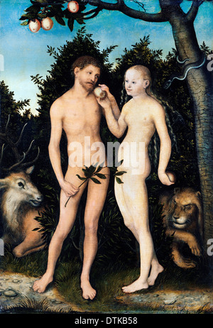 Lucas Cranach il Vecchio Adamo ed Eva nel Paradiso (caduta) 1533 olio su pannello. Gemaldegalerie di Berlino, Germania. Foto Stock