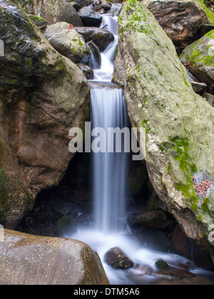 Una piccola cascata su un torrente di montagna in MOunt Pelion, Grecia Foto Stock