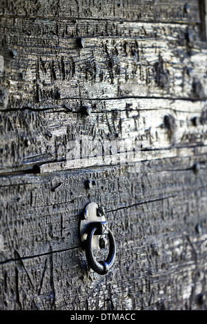 Una porta scolpito in una baita di montagna nei pressi della Mer de Glace della Valle di Chamonix, alpi, Francia. Foto Stock