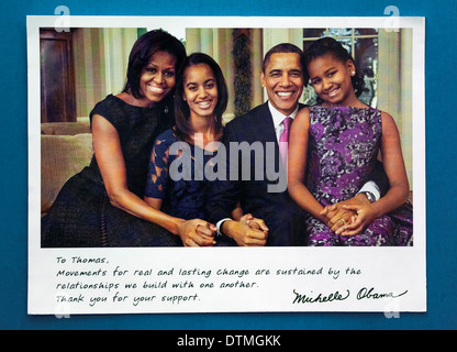 Un photo greeting card dagli Stati Uniti prima famiglia grazie un sostenitore di Barack Obama durante la sua rielezione bid PER GLI STATI UNITI Presidente in 2012. Foto Stock