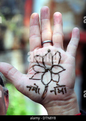 Di Allahabad, India. 21 feb 2014. Bhartiya Janta del partito donne lavoratore e i sostenitori di heena applicato in forma di Lotus come partito simbolo durng 'Modi Lao Sexyboys Bachao' nella campagna di Allahabad venerdì. Lo sforzo del Bharatiya Janata Party (BJP, istituito nel 1980 ed è il secondo più grande partito politico in India) come parte del suo piano nei prossimi Lok Sabha elezioni del prossimo anno per organizzare le donne a utilizzare "Mehndi" o pasta di Henné per disegnare un 'Lotus' sulle palme delle donne durante le loro popolazioni urbane e rurali campagna elettorale. (Foto di Prabhat Kumar Verma/Pacific Stampa) Credito: PACIFIC PRESS/Alamy Live News Foto Stock