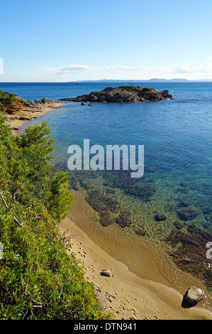 Bella spiaggia del Mar Mediterraneo con acque chiare e una piccola isola rocciosa, cala Bonifaci, Rosas Costa Brava, Spagna Foto Stock