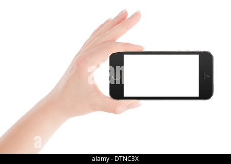 Femmina lato azienda moderna nero smart phone con schermo vuoto in orientamento orizzontale. Isolato su sfondo bianco. Foto Stock