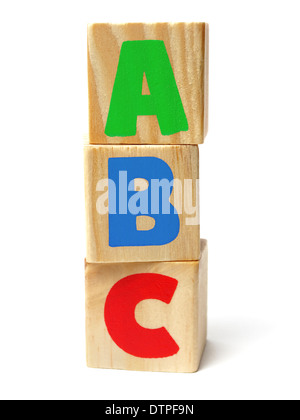 Giocattolo tre blocchi di legno con lettere ABC su di essi Foto Stock