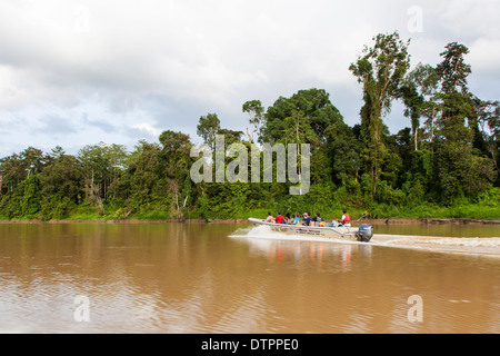 Un mazzetto di turisti per una gita in barca sul fiume Kinabatangan, Borneo Malaysia Foto Stock