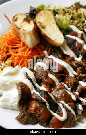 Iskender kebab un famoso Bagno turco piatto di agnello serviti con pane turco, riso, verdure couscous e yogurt Foto Stock