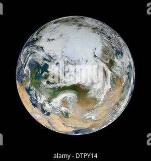 Una vista di tutto il pianeta terra come visto dallo spazio alla ricerca in cima o in regioni artiche e il polo nord. Foto Stock