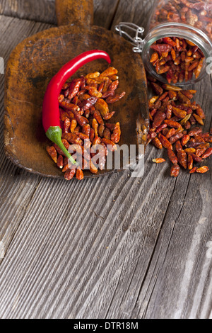 Freschi e Secchi peperoncino su un vecchio cucchiaio di legno e un vaso di storage con copia spazio nella zona inferiore dell'immagine Foto Stock