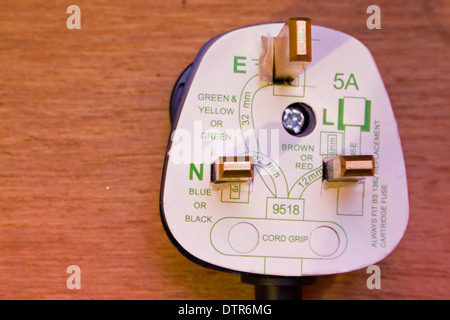 UK 3 pin maschio con lo schema di cablaggio Foto Stock