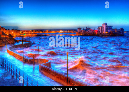 Lago marino e isola Knightstone weston-super-mare con alta marea in colorate HDR Foto Stock