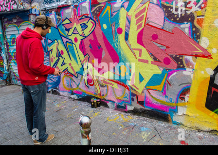 Parigi, Francia., Arte del Muro Francese, Illustrazione della Pittura dell'artista Graffitti, nell'area di Belleville, arte moderna vibrante, gente, arte urbana d'avanguardia Foto Stock