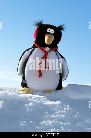 Pinguino giocattolo di peluche sulla neve Foto Stock