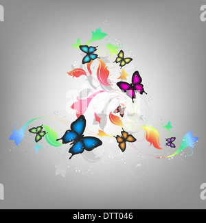 Sfondo grigio con farfalle e ornati floreali Foto Stock