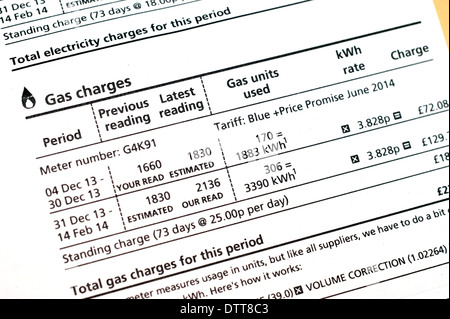 Un gas bolletta che mostra le cariche di gas / prezzi REGNO UNITO Foto Stock