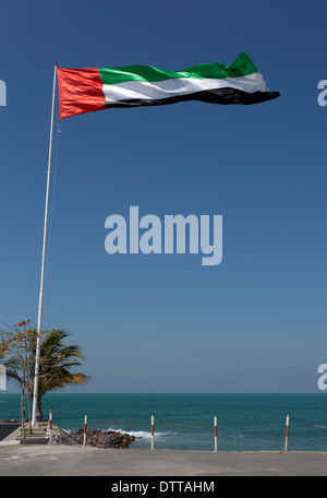 Una Bandiera degli Emirati Arabi Uniti che soffia nella finestra con il Golfo Arabico in background.Questa è stata scattata a Ras Al Khaimah negli Emirati arabi uniti Foto Stock