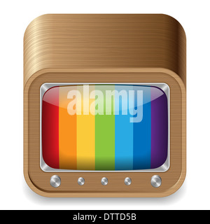 Icona per in stile retro televisore in una scatola di legno. Sfondo bianco. Foto Stock