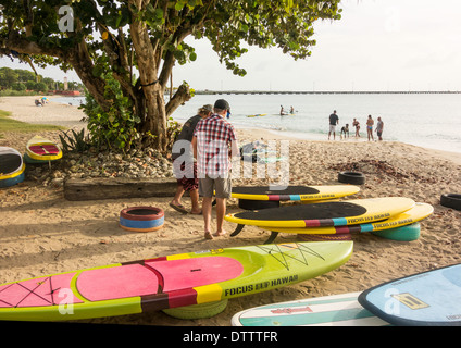 Due uomini scegliere paddle boards sulla spiaggia di St. Croix, U.S. Isole Vergini. USVI, U.S.V.I. Foto Stock