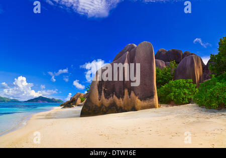 Spiaggia fonte d'Argent a Seychelles Foto Stock