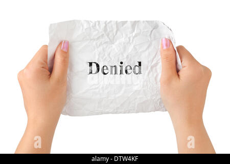 Le mani e la carta negato Foto Stock