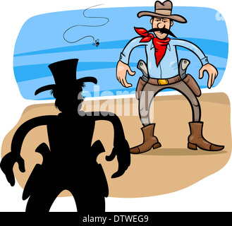 Cartoon illustrazione di due uomini armati o Cowboy Gunfight duello Foto Stock