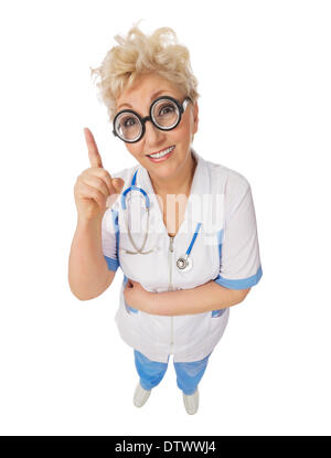 Funny medico con occhiali nerd isolato Foto Stock