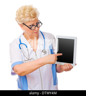 Coppia divertente medico con tablet PC isolato Foto Stock