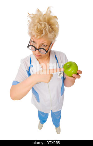 Coppia divertente medico con apple isolato Foto Stock