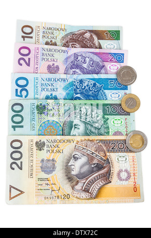 Impostare polacca di banconote e monete metalliche isolate su sfondo bianco con tracciato di ritaglio Foto Stock
