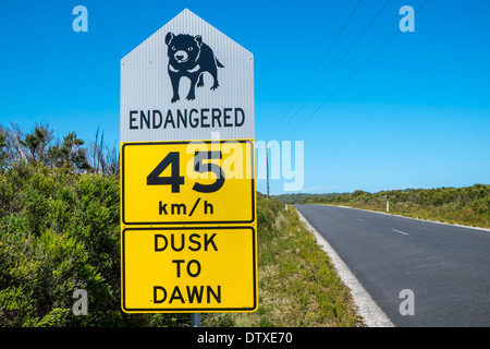Segnali stradali per il diavolo della Tasmania in via di estinzione vicino a Marrawah, Arthur River, Tasmania Foto Stock