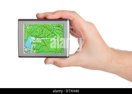 GPS in mano Foto Stock