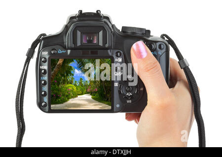 Macchina fotografica in mano e il paesaggio di spiaggia Foto Stock